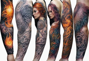 Sleeve tattoo on a woman's arm. Phoenix   with Metatron's cube tattoo idea