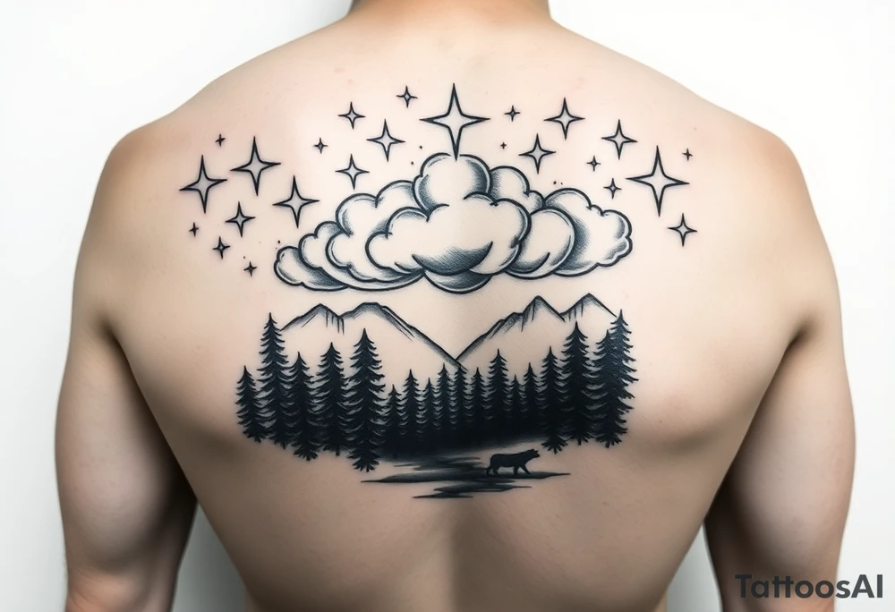 stars in the cloud with a stormy view with a forrest with animals tattoo idea