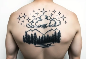 stars in the cloud with a stormy view with a forrest with animals tattoo idea