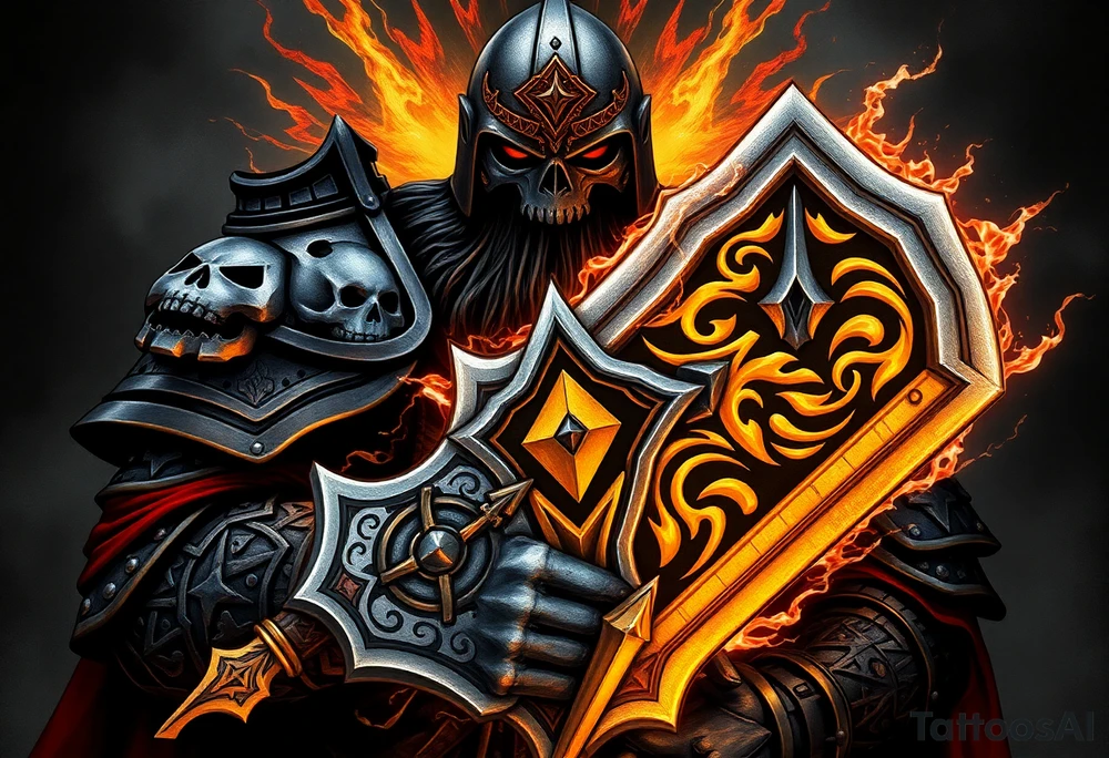 Warhammer, the Old World. A warrior priest of Sigmar holding The Warhammer of Sigmar. The Warhammer of Sigmar is radiating thunderous energy. The Warhammer is held by the warrior priest with both hands upon his chest level. The Warrior priest is wearing dark alloyed heavy armour (reference armor from warhammer vermintide 2 Victor Saltzpyres, the warrior priest of Sigmar class) with skull sigils on his shoulder pads. The warrior priest is wearing a helmet, while the helmets front visor has an humanoid face covering. The helmet and armour are gladened with hints of gold and crimson red. The Warhammer is silverish and golden with a long handle tattoo idea