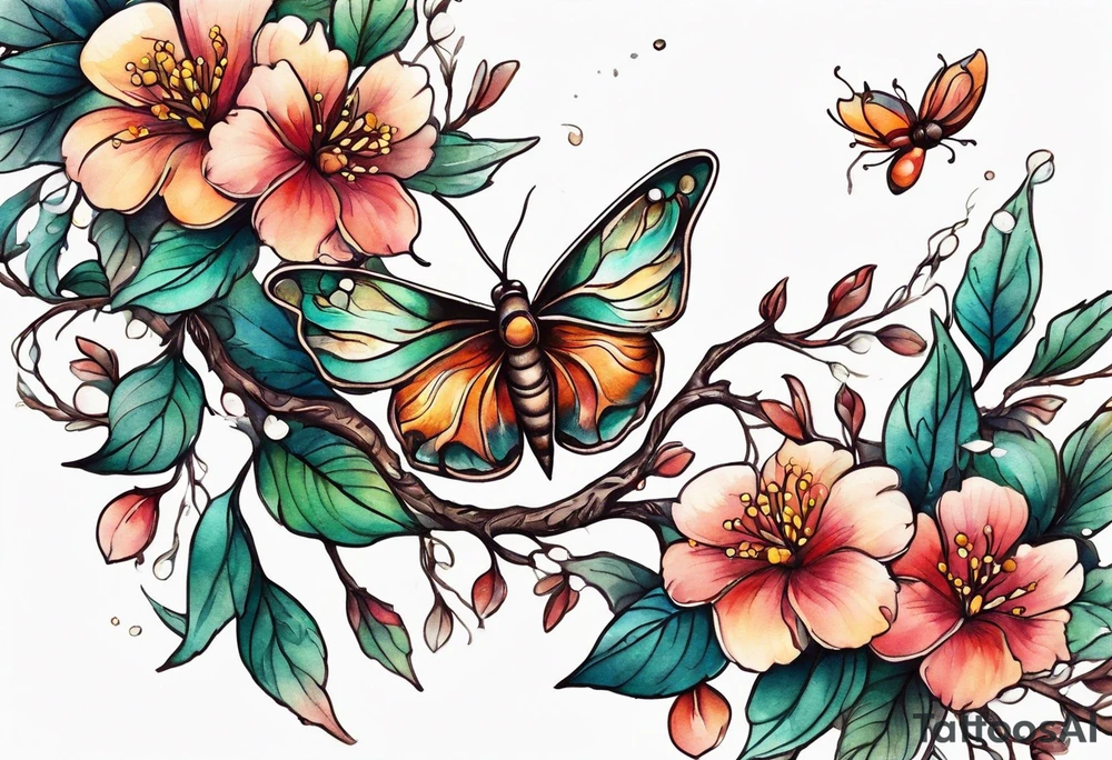 Winding branches and leaves and tiny flowers with a small moth tattoo idea
