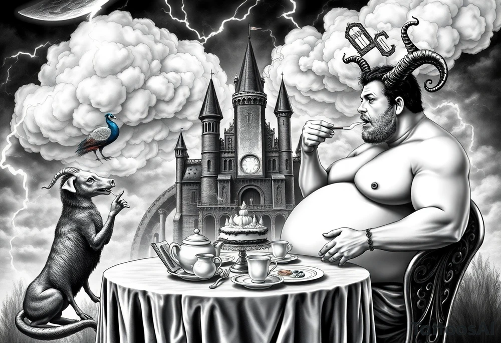Mystical Naked Man and woman eating cake  having sex Storm lightening clouds gothic sexy naked fat lady having a tea party with tea pot and medieval castle
with a piggy, peacock, noose, lion, goat, smoking cigerettes looking in the mirror thru storm clouds with razor blades and broken hearts and darkness and wrath, envy , gluttony, greed, sloth, pride kill tattoo idea