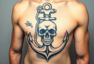 weathered anchor wrapped in nautical rope with sea wares and Roses aged skull, tattoo idea