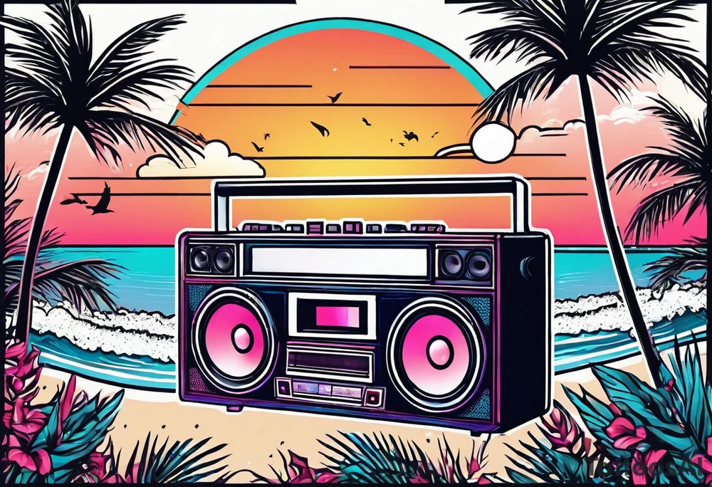 1980'S BOOM BOX MIAMI VICE STYLE, BEACH , PALM TREES, MUSIC NOTES tattoo idea