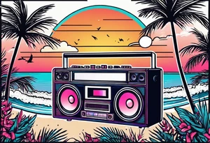 1980'S BOOM BOX MIAMI VICE STYLE, BEACH , PALM TREES, MUSIC NOTES tattoo idea