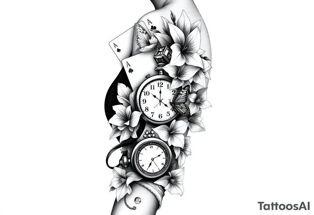 Casino only theme , poker chips deck of cards dice a pocket watch
 with lily flowers
 with raindrop swirls and butterfly’s tattoo idea