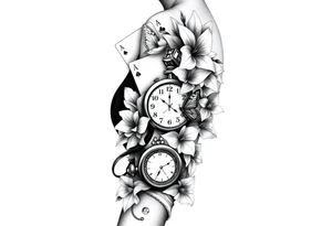 Casino only theme , poker chips deck of cards dice a pocket watch
 with lily flowers
 with raindrop swirls and butterfly’s tattoo idea