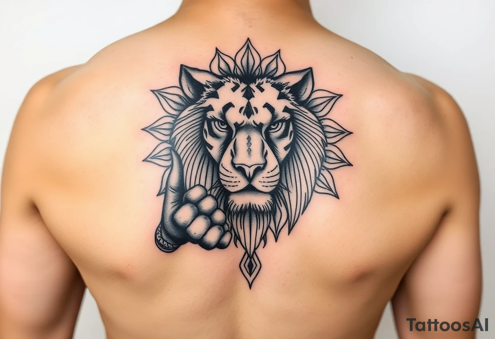 A tattoo for the upper hand with a realistic lion head with mandala patterns around it that covers the hands and a small part of the fingers. tattoo idea