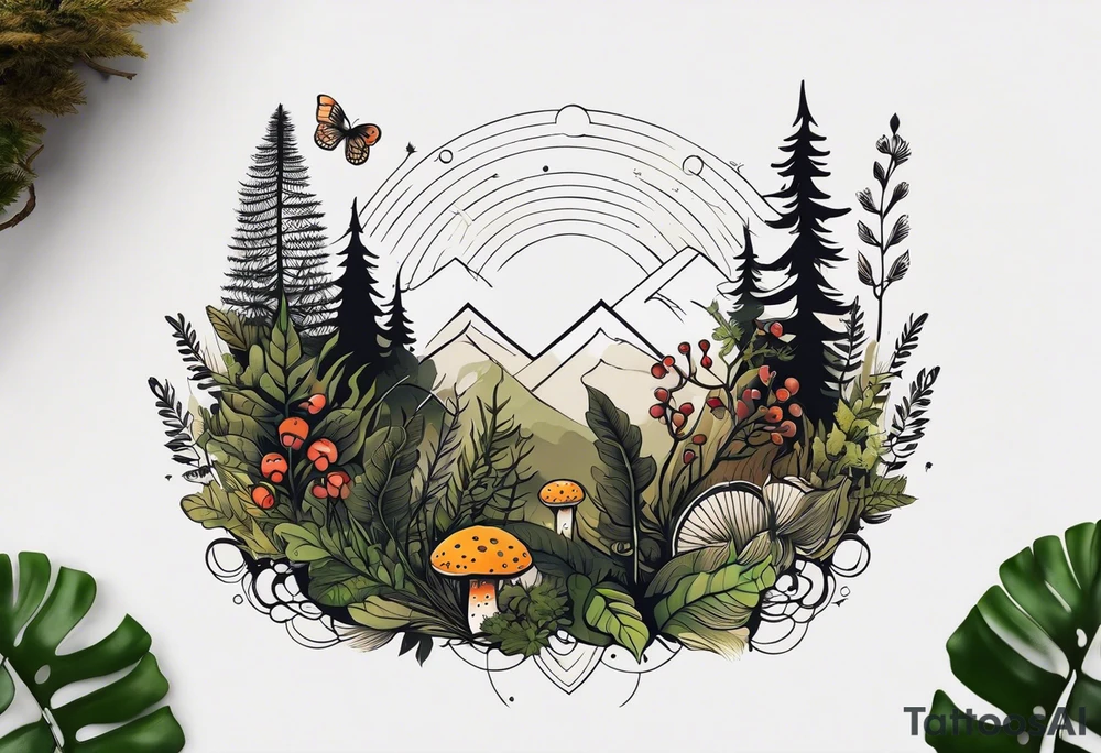 minimalistic forest floor inspired tattoo, which includes grass, moss, curly ferns and dead leaves as the bulk of the tattoo. details to include: forest berries, couple of very small brown mushrooms, a tiny bumblebee flying nearby tattoo idea