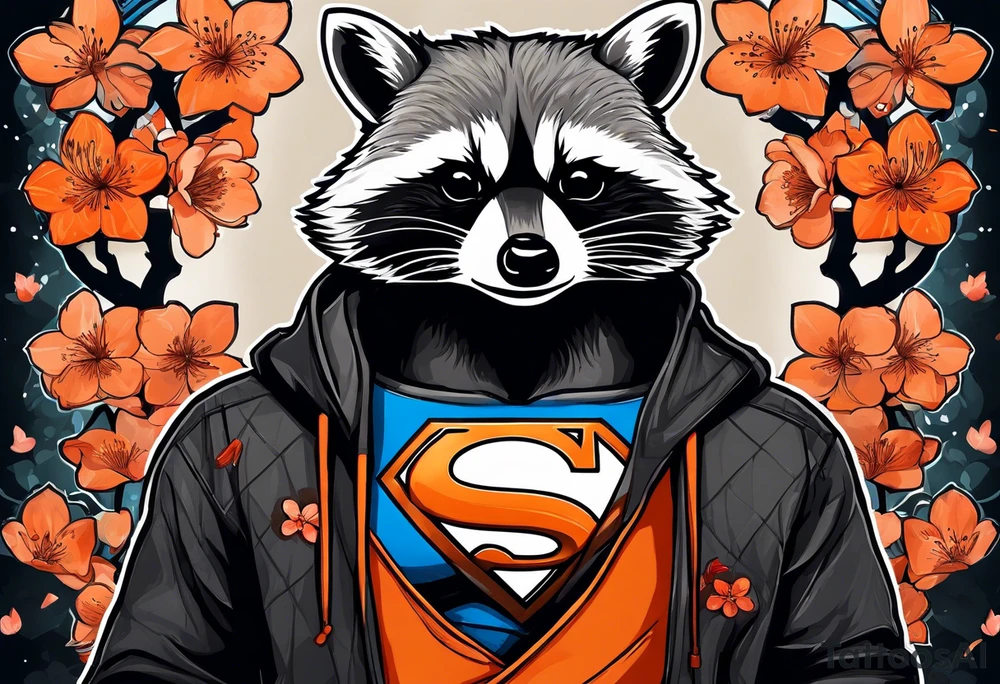 Raccoon wearing a white Superman logo on a black hoodie and orange Japanese cherry blossoms beside tattoo idea