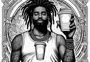 Black guy with dreads inside a foam cup like it’s a jacuzzi with two girls tattoo idea