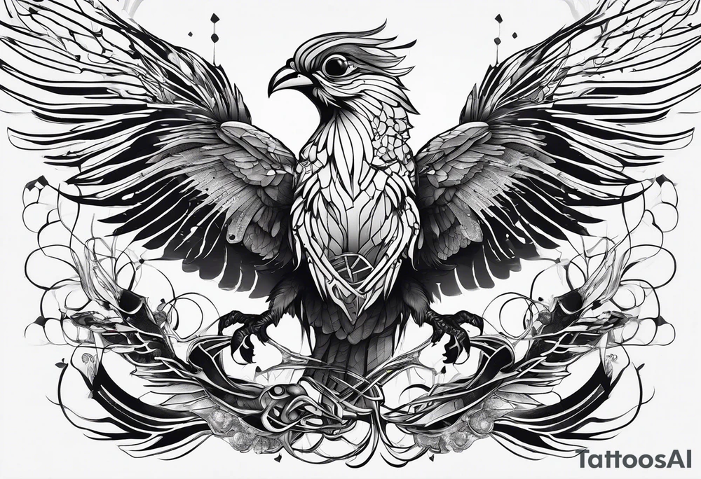 Minimalist Cyberpunk Quetzal that has cybernetic neurons coming from the bottom. tattoo idea