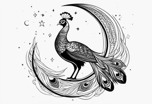black and white peacock, moon above, infinity symbol in feather tattoo idea