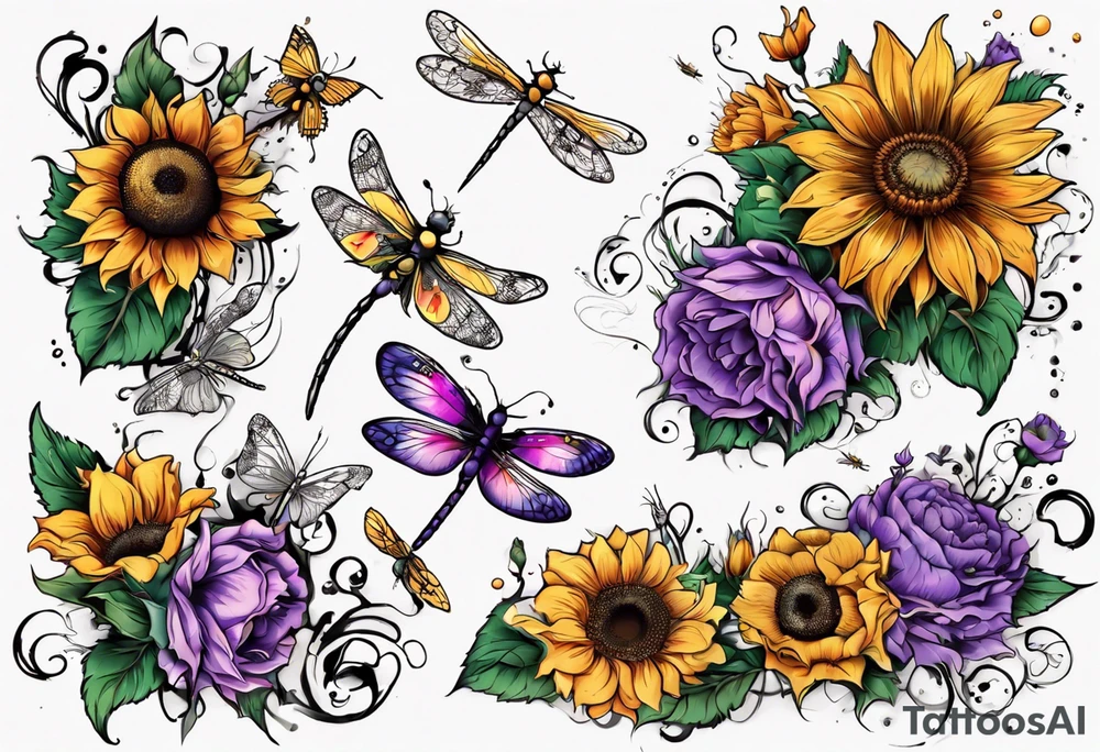 Arm sleeve, sunflowers, dragonflies, three cosmos flower, one violet, one carnation, vines , leaves, butterflies and bees tattoo idea