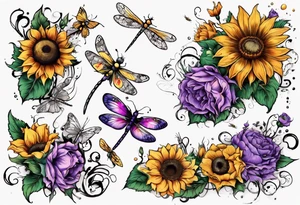 Arm sleeve, sunflowers, dragonflies, three cosmos flower, one violet, one carnation, vines , leaves, butterflies and bees tattoo idea