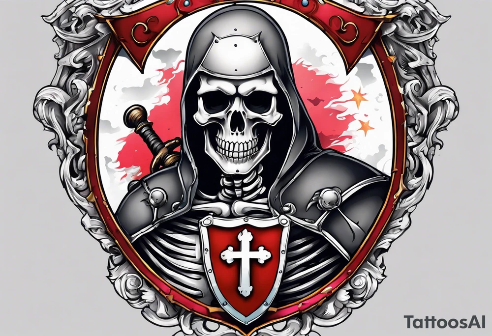 skeleton holding a shield with a cross on it tattoo idea