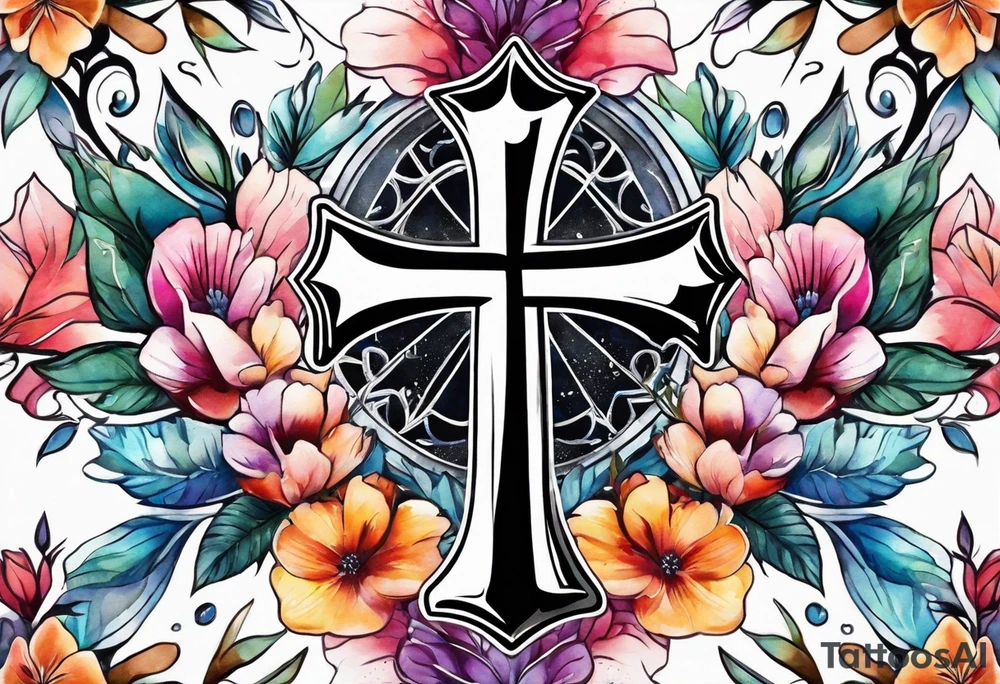 cross with watercolor backgound tattoo idea