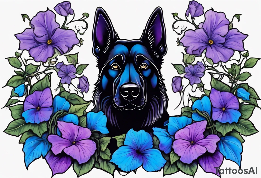 Black German shepherd face surrounded by blue and purple morning glories tattoo idea