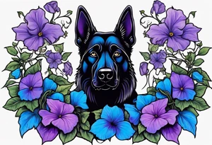 Black German shepherd face surrounded by blue and purple morning glories tattoo idea