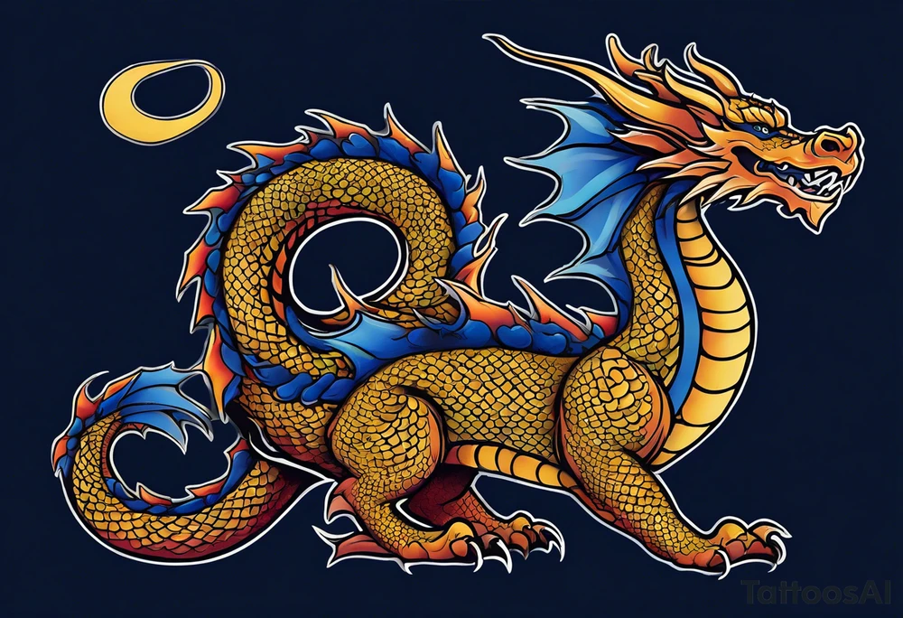 An epic with no wings, floating. Its long body coiling dynamically, with scales and horns detailed to create a sense of movement and strength. The dragon's main color is midnight blue, giving a vibrant depth and a mystical aura. This tattoo highlights the dragon’s fierce expression and sharp claws. tattoo idea