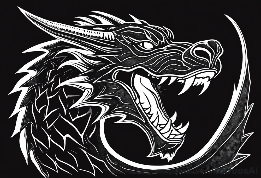 A black-and-white silhouette comic-style medium shot of a dragon with its mouth open wide, revealing sharp teeth. The dragon's head is outlined in solid black, with the sharp contours of its mouth and teeth emphasized. Its eyes are hollow and bold, creating a dramatic contrast. The dragon is depicted breathing fire, which is also in solid black, extending towards a distant city with tall buildings represented by simple, angular shapes in silhouette form. The background is blurred, consisting of soft abstract shapes and a stark white space, giving the scene depth and focus on the dragon and the fiery breath. tattoo idea