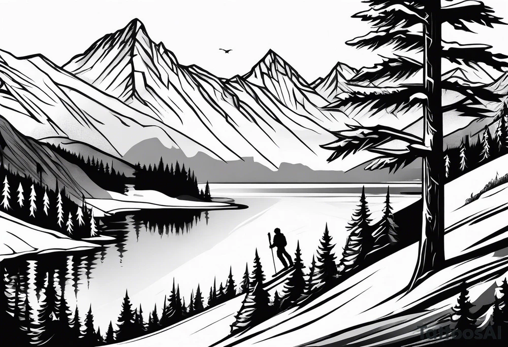 snow skier in distance coming down mountain in distance with trees and mountains and lake at bottom tattoo idea