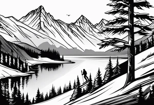 snow skier in distance coming down mountain in distance with trees and mountains and lake at bottom tattoo idea