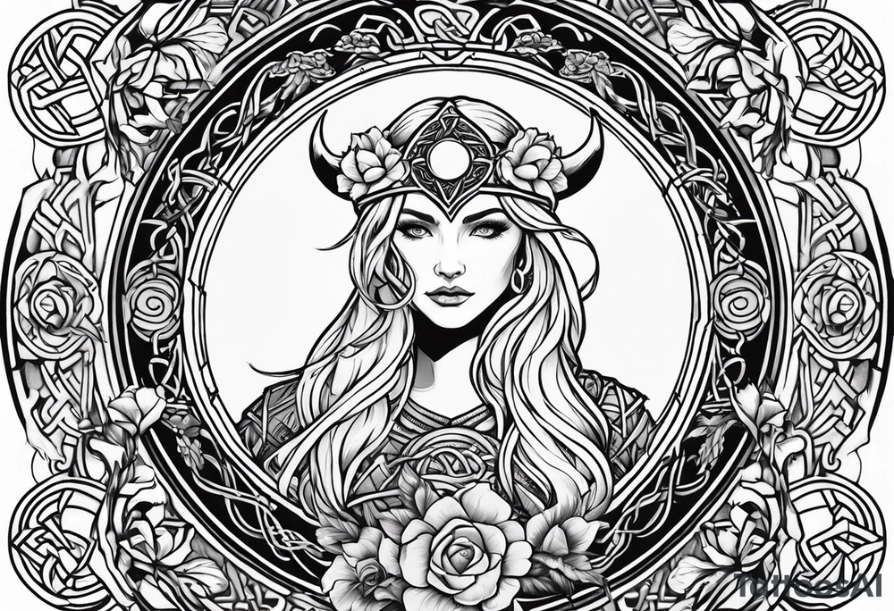 Viking goddess, axes, moonlight, flowers, Celtic, bedroom eyes, circular border tattoo idea