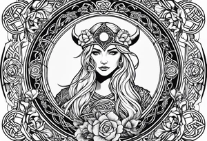 Viking goddess, axes, moonlight, flowers, Celtic, bedroom eyes, circular border tattoo idea
