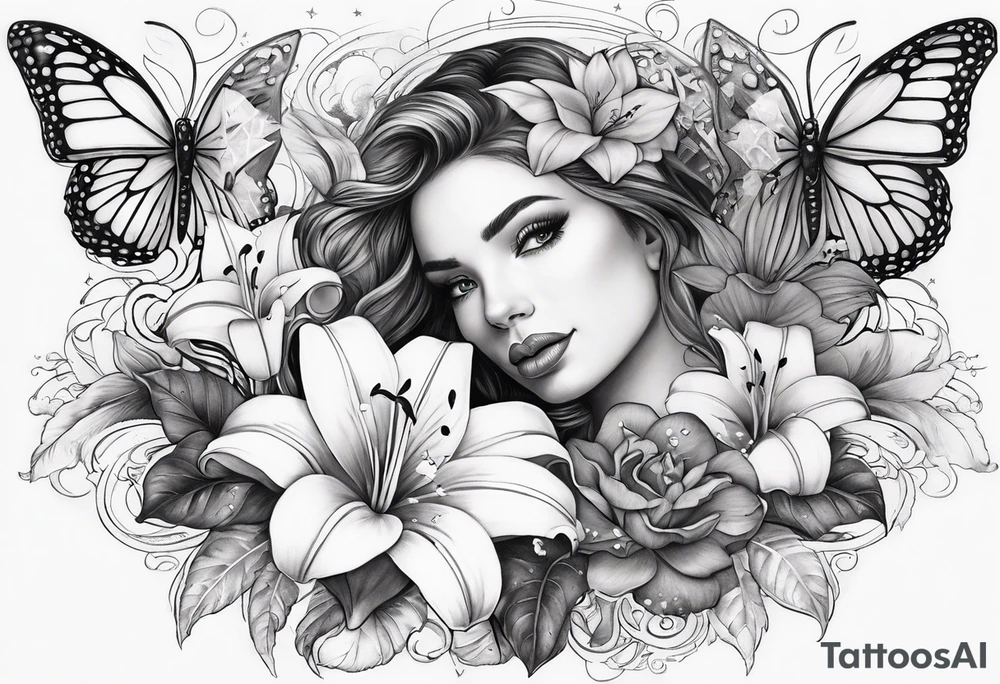 Harvey Ruby lillies flowers butterflies stars fantasy books forearm half sleeve tattoo idea