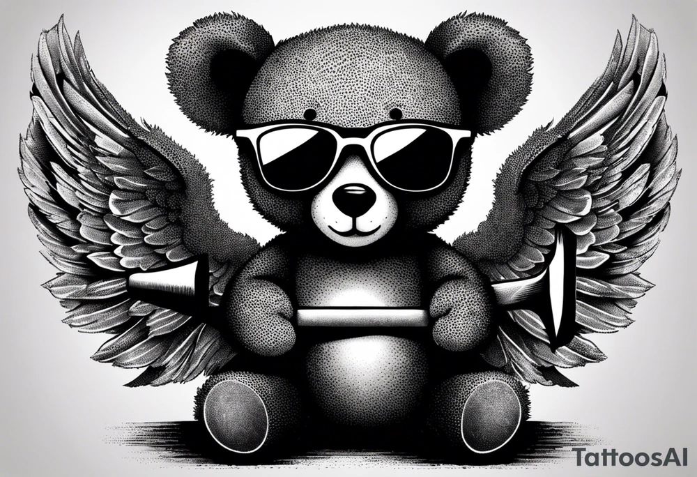 Teddy bear with wings wearing big sunglasses holding a sledgehammer tattoo idea