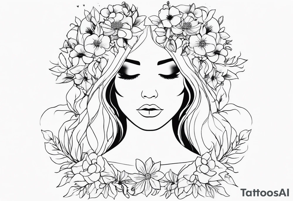 she is fire and flowers, feminist tattoo, strong but really delicate, fine lines. No face, silouette. Minimalistic, silouette only, fine lines, no face tattoo idea