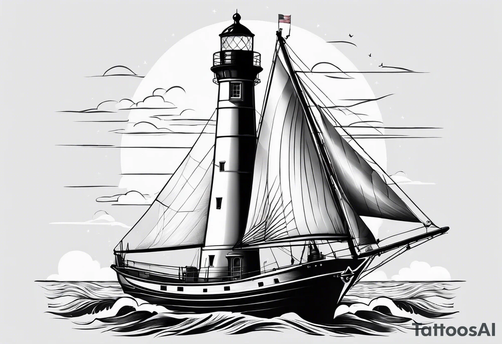 maritime lighthouse in a front view sailboat serving as a mast for a sail. tattoo idea