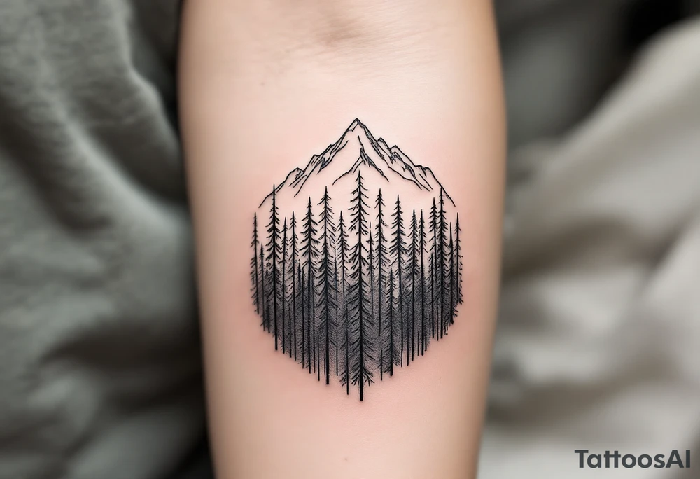 A minimalist tattoo of a forest with tall, slender trees leading toward a mountain range in the distance. The forest is dense at the bottom, filled with intricate fine lines, while the mountains gradually become more defined and detailed as they rise above the trees, representing the path out of struggle and into a clearer future. The tattoo could symbolize both the emotional journey of Exile and the hope and resolution in Out of the Woods tattoo idea