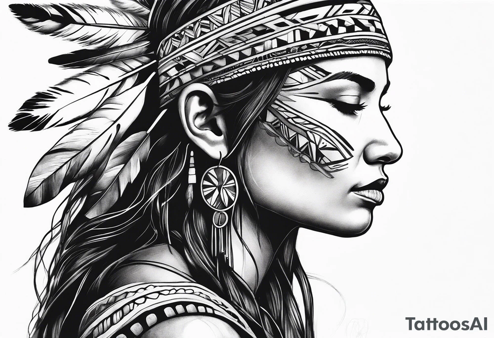Native american Forest goddess looking down side profile  tree branches forming into her face middle arm sleeve tattoo idea