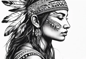 Native american Forest goddess looking down side profile  tree branches forming into her face middle arm sleeve tattoo idea