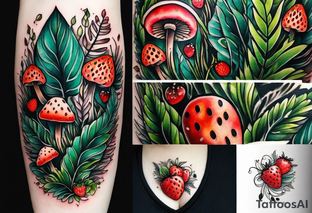 forest floor inspired tattoo, which includes grass, curly ferns and dead leaves as the bulk of the tattoo. details to include: three  tiny strawberries, couple of very small mushrooms, a tiny bumblebee flying nearby tattoo idea