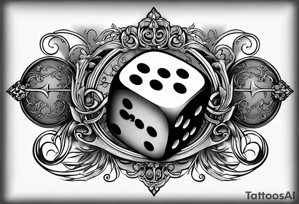 A tattoo design featuring a dice on a forearm, with the words “RISK” and “RICH” displayed on opposite sides of the dice. The dice has a 3D effect, shaded in black and gray to give it depth and realism. Decorative swirls and subtle scrollwork surround the dice, adding elegance to the design. This tattoo symbolizes the gamble and balance between risk and reward in the pursuit of success, capturing the idea that fortune often requires courage. The design has a bold, monochromatic look, making it visually striking and meaningful. tattoo idea