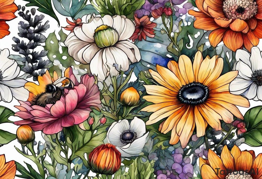wildflowers with thistles, ferns, ranuculus, white anemones with black center, sun flowers, mixed color flowers and different shapes all in watercolor tattoo idea