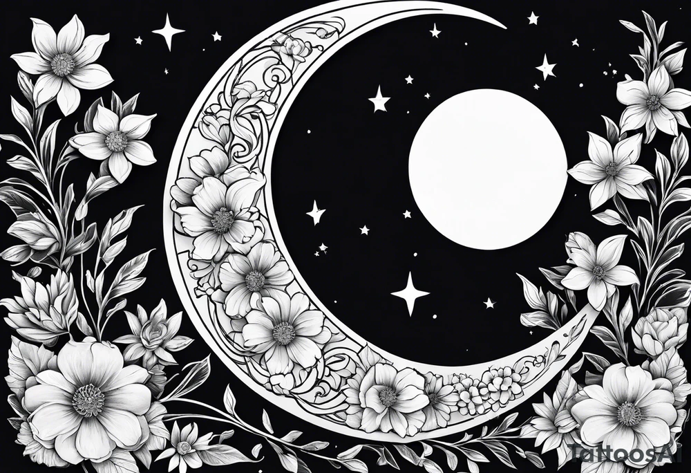 Crescent moon made out of flowers facing to the right tattoo idea