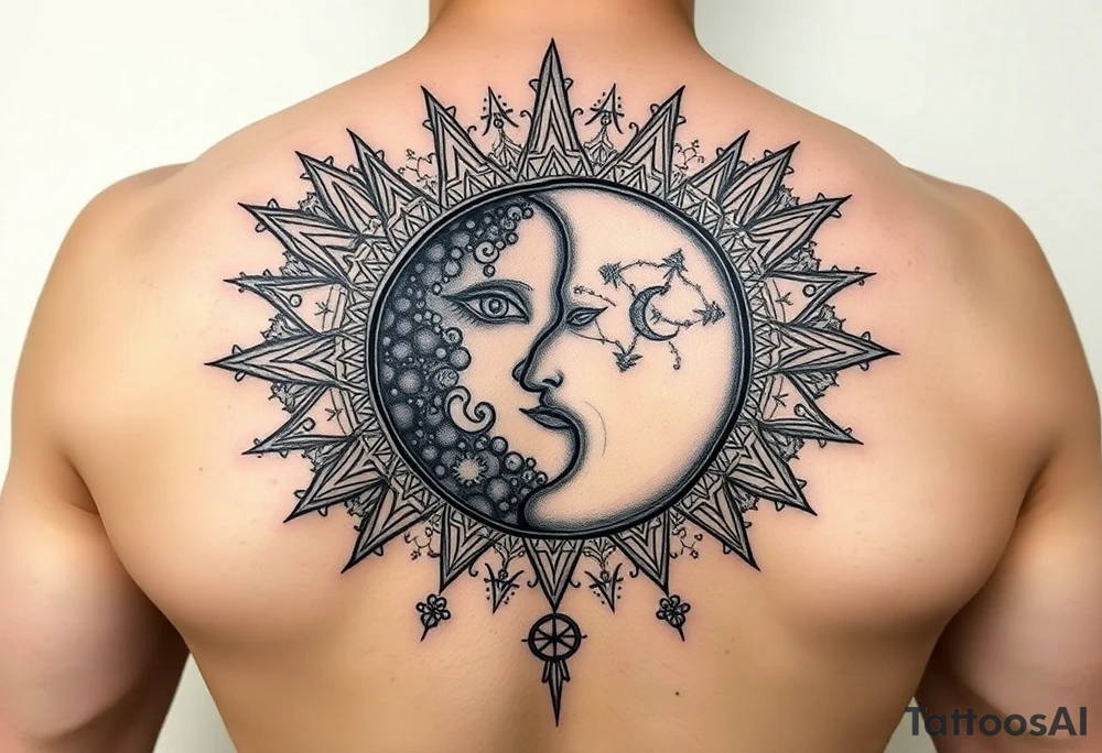 celestial sun and moon embrace with panther constellation patterns tattoo idea