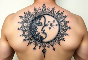 celestial sun and moon embrace with panther constellation patterns tattoo idea