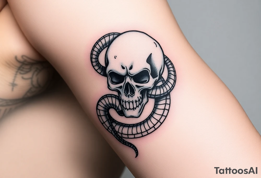 A hyper-realistic Dark Mark, with the snake slithering around the skull, coiled in a hypnotic pose tattoo idea