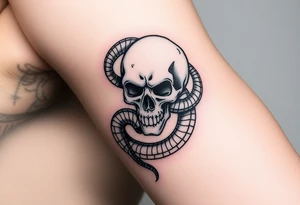 A hyper-realistic Dark Mark, with the snake slithering around the skull, coiled in a hypnotic pose tattoo idea