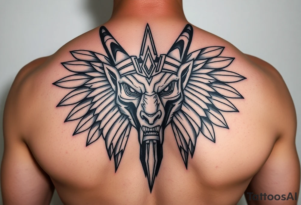 Angry muscle Egyptian Anubis god face in Egypt style tattoo idea