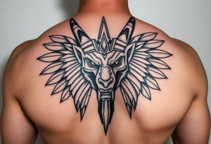Angry muscle Egyptian Anubis god face in Egypt style tattoo idea