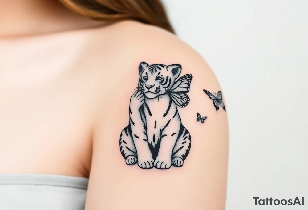 Tiger cub sitting down with paw up and on the paw is sitting a butterfly and there’s two butterflies on each side tattoo idea