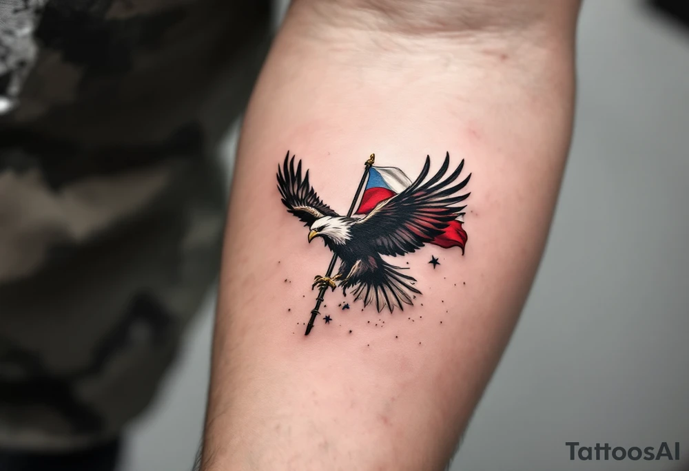 An eagle soaring over a Czech battlefield, carrying a battle-scarred flag, with dramatic light and shadow effects. tattoo idea