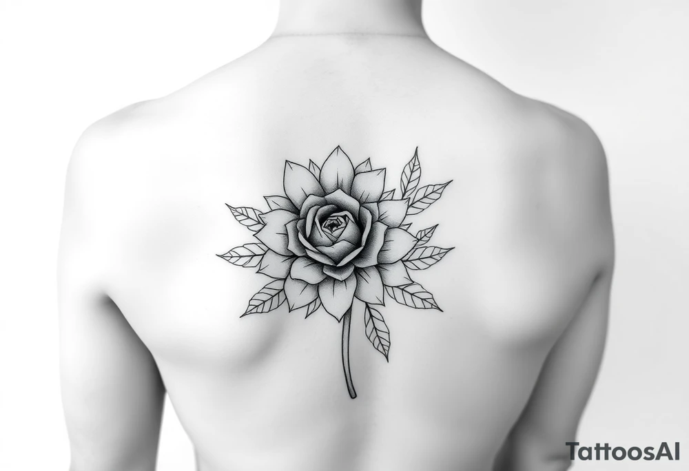 Hand-drawn tattoo-style illustration of a sunflower and a rose for a woman's arm. Surrounding the flower is delicate, symmetrical greenery and leaves. The overall style is simplistic, clean, and in greyscale line art, suitable for a tattoo design. Minimalist and elegant, with fine lines and no shading or color. tattoo idea