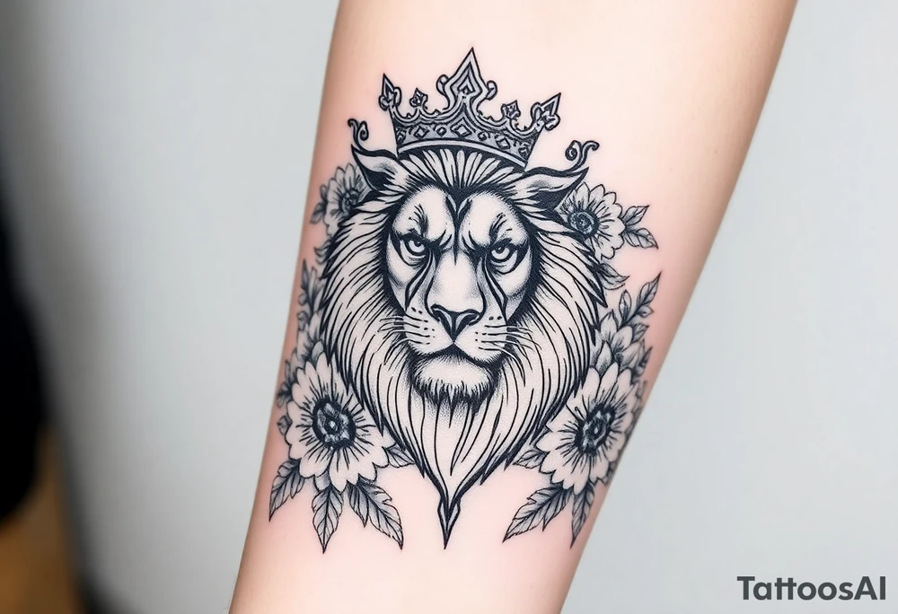 powerful majestic lion with a crown, surrounded by floral ornaments and birds tattoo idea
